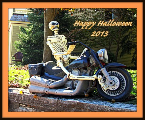I shot this last week during a visit to my hometown, Alton, Ill. This skeletal motorcycle rider was part of a "Sons of Anarchy" Halloween display.