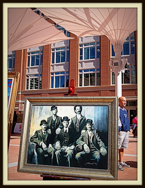 Sundance Square takes its name from Harry Alonzo Longabaugh, aka the Sundance Kid, seated at far left in this painting of an iconic photograph taken of the Wild Bunch gang in Fort Worth in November 1900.