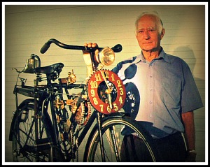 Toon Boumans with his bicycle pendulum clock