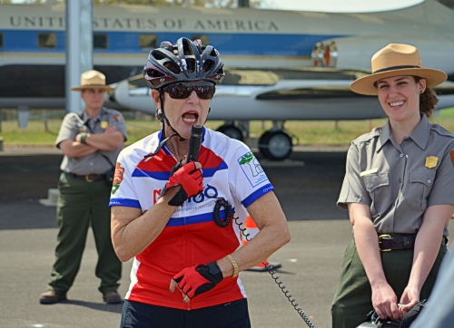 Luci Baines Johnson leads a bike tour of the LBJ Ranch accompanied by National Park Service rangers